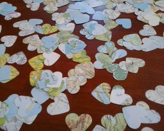 200 paper hearts hand punched from vintage atlas pages maps for confetti bon voyage wedding or use in art craft collage cards scrapbooks