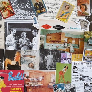 Vintage paper 1940s 1950s mid century theme images text from old books & magazines for art craft collage  journals cards history projects