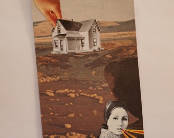Unique original hand cut collage art on large luggage tag 'Home Delivery' surreal gift journal card bookmark woman house rural landscape