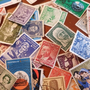 Vintage Australian postage stamps used with post marks for art craft collage journals various subjects and eras mostly from 1900s to 1960s
