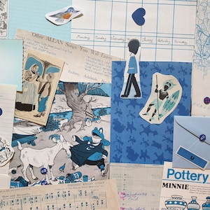 Papel vintage com tema de cor azul, recortes de pacote de sucata de 20 peças de páginas de livros antigos, coisas efêmeras para artesanato, colagem, diários, cartões de mídia mista