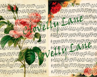Floral journal pages instant DIGITAL DOWNLOAD printable vintage sheet music with flowers fungi Victorian lady roses for collage cards