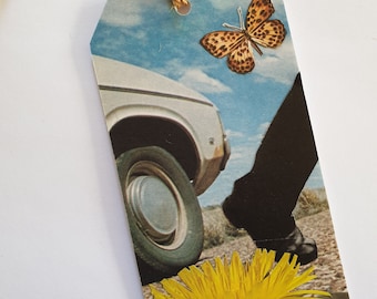 Original hand cut collage art on large luggage tag 'The Road Less Travelled' surreal gift journal card bookmark car flower butterfly