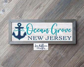 Custom Town and State Sign with Anchor, Ocean Grove New Jersey or Custom City & State Sign, Custom Town Gift, Nautical Home Gift