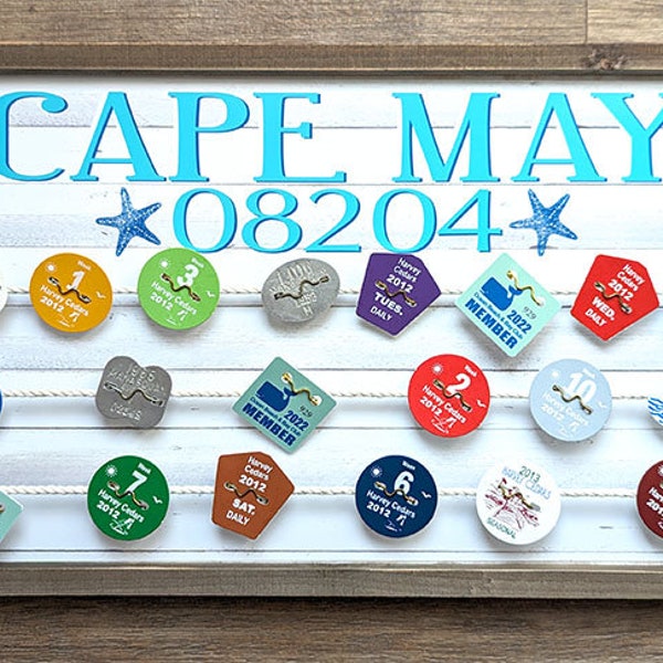 Beach Badge Collection Display with Custom Town and Zip Code, Beach Badge Holder, NJ Season Badge Display, Personalized NJ Beach Badge Gift