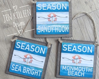 Beach Badge Sign with Custom Town, Nj Beach Town, Jersey Shore Wood Sign Decoration, Wedding Favor, Beach House Gift, NJ Ornament