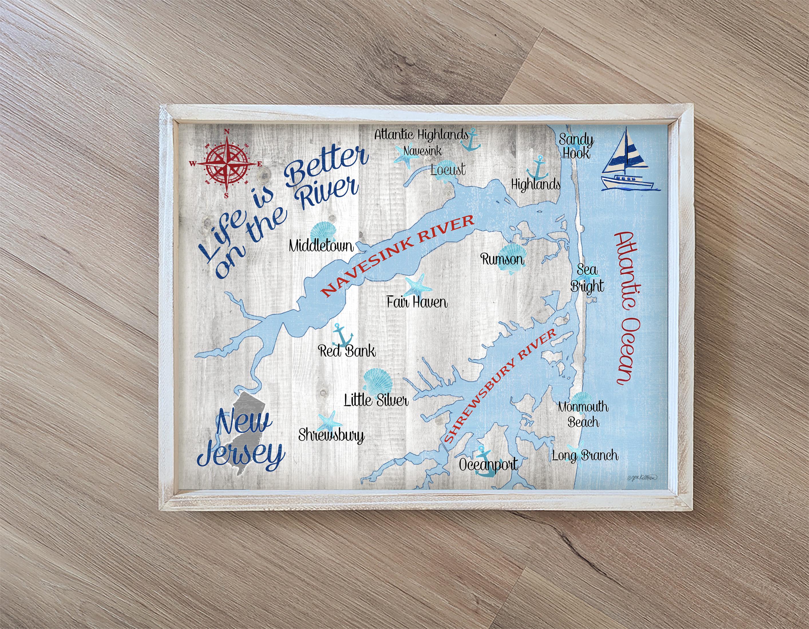 Navesink & Shrewsbury River Map: Jersey Shore Wood Sign, New