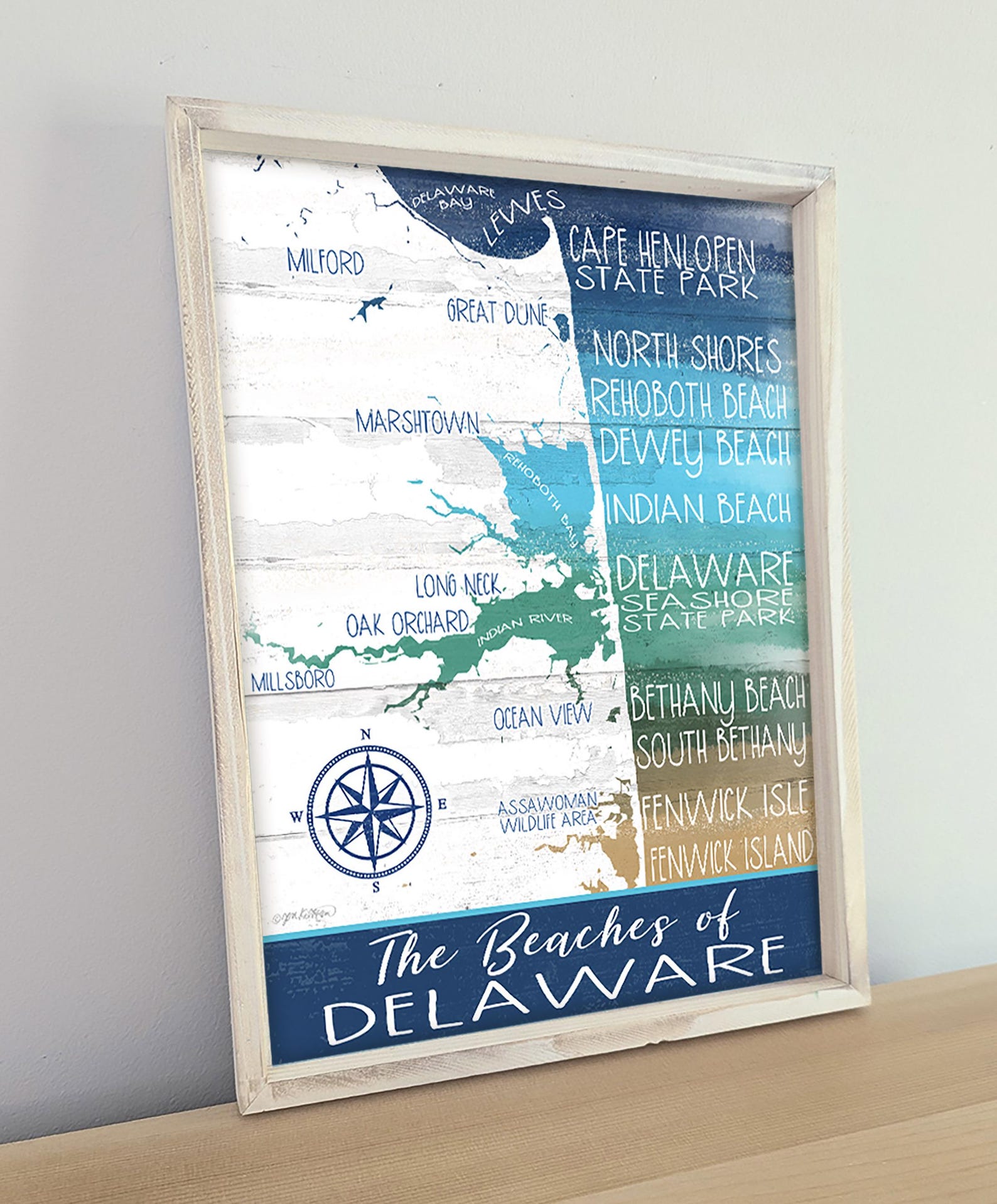 Delaware Beaches Map Sign: Coastal Wall Art, Rehoboth Beach, Dewey ...