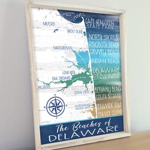 Delaware Beaches Map Sign: Coastal Wall Art, Rehoboth Beach, Dewey Beach, Bethany Beach, Fenwick Island, Delaware Gifts