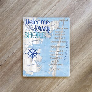 Puede incluir: Se&ntilde;al de bienvenida a Jersey Shore con un mapa de la costa de Nueva Jersey y una rosa de los vientos. La se&ntilde;al est&aacute; pintada sobre un fondo azul claro con textura de veta de madera blanca. El texto est&aacute; en azul y blanco.