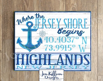 Highlands New Jersey Wood Sign, Highlands New Jersey coordinates sign, Where the Jersey Shore Begins, NJ Gifts