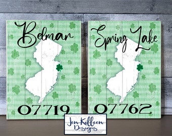 Custom Town and Zip Code New Jersey Irish Signs,  NJ Irish Rivera, Belmar Spring Lake Sea Girt,  NJ town Sign Shamrock, NJ Gift, St. Pat