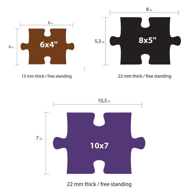 May include: Three puzzle pieces in different colours and sizes. The first is brown and measures 6 inches by 4 inches. The second is black and measures 8 inches by 5 inches. The third is purple and measures 10.3 inches by 7 inches.