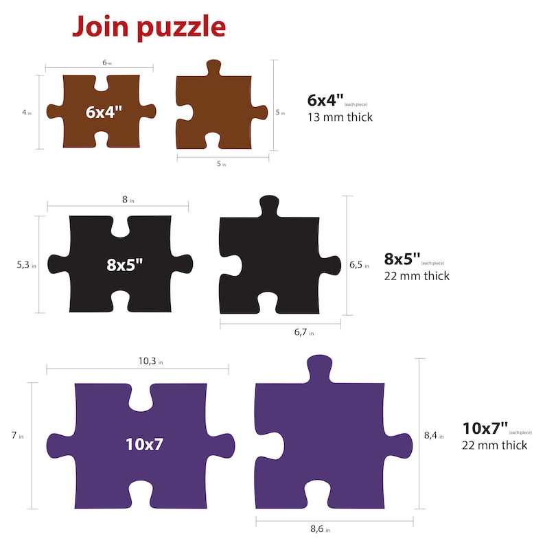 K&ouml;nnte beinhalten: Eine Illustration von drei verschiedenen Puzzle-Teilen in unterschiedlichen Gr&ouml;&szlig;en. Das kleinste Teil ist braun und misst 6 Zoll mal 4 Zoll. Das mittlere Teil ist schwarz und misst 8 Zoll mal 5 Zoll. Das gr&ouml;&szlig;te Teil ist lila und misst 10 Zoll mal 7 Zoll. Jedes Teil hat eine andere Form und ist mit seinen Ma&szlig;en beschriftet.