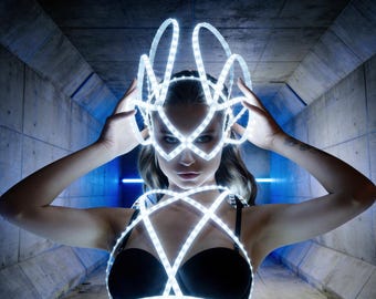 Futuristic Light Up Festival Outfit, LED Cage Dress with Headpiece, Rave Costume, Burning Man Wear, Stage Performance Look