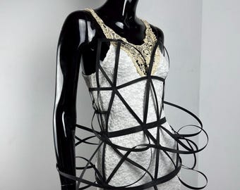 Architectural Cage Dress with Lace-Up Back, Artistic Harness Overlay, Runway Inspired Festival Look