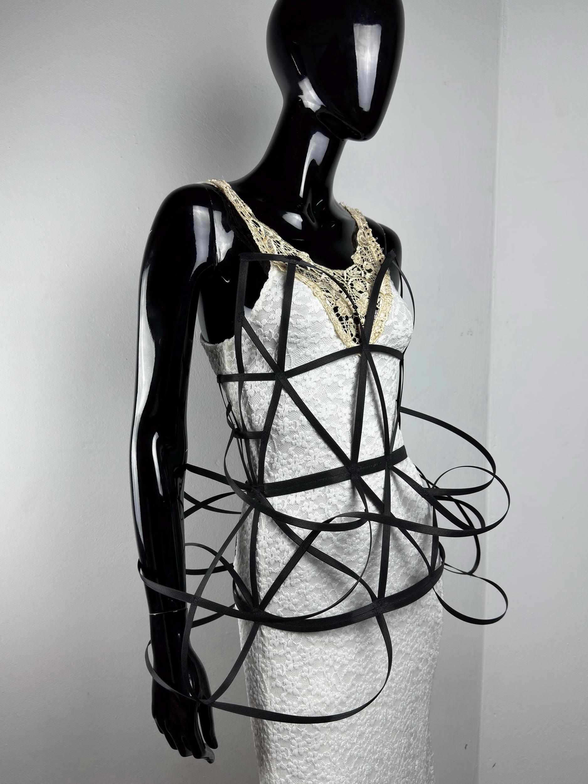 cage corset dress Architectural with Lace-Up Back, Artistic Harness Overlay, Runway Inspired Festival Look Bohemian Style Boho Childrens Ivory Wedding Dress Clothing Constructed with meticulous care Coat Size:6 JP