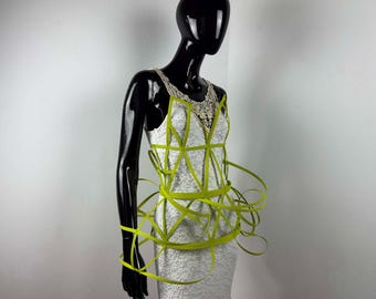Neon Green Cage Dress Harness, Geometric Body Cage, Avant-Garde Strap Accessory, Burning Man Festival Outfit, Futuristic Cyberpunk Corset