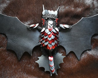 Red Black and Silver Squeaky Chainmail Bat Dragon OOAK