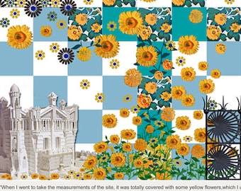 May include: A colourful illustration of Casa Vicens, a building designed by Antoni Gaudí, with a checkerboard pattern and sunflowers. The text "When I went to take the measurements of the site, it was totally covered with some yellow flowers, which I used as an ornamental theme for the ceramic. I also found an exuberant palmetto palm, whose leaves fill the grid of the gate of the house" and "Antoni Gaudí" are included in the image.