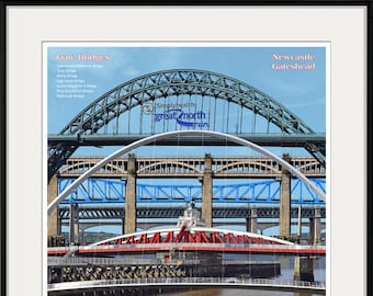 May include: A photograph of the Tyne Bridges in Newcastle, England. The bridges are a series of seven bridges that cross the River Tyne. The bridges are all different colours and styles, and they are a popular tourist destination.