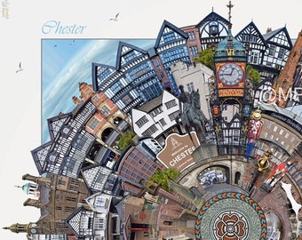 CHESTER ~ Worlds Apart. Art Print, Travel, City Print, Wall Art Prints, Modern Art, Art, Chester Skyline, Walled City.