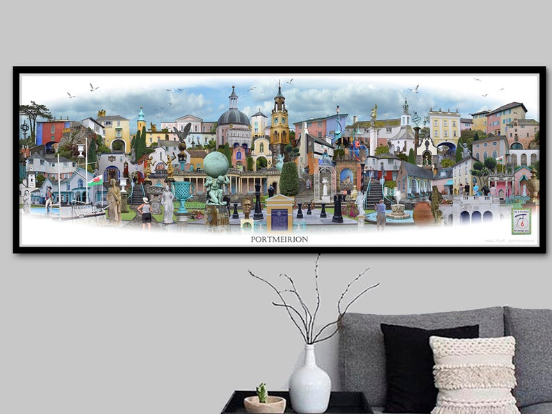 Portmeirion 'Worlds Apart' panoramic view. The Village Portmeirion in Gwynedd North Wales . Travel Poster, , Welsh Travel Poster Wall Art image 6