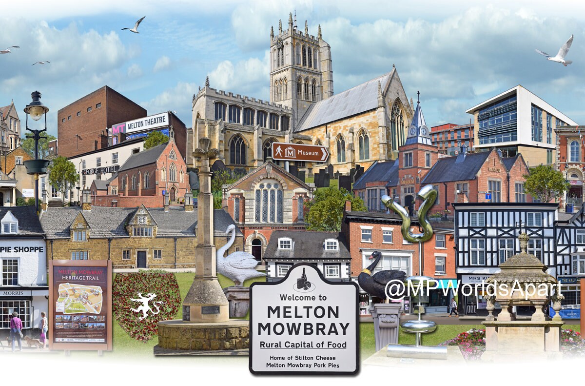 Melton Mowbray - 'Worlds Apart' panoramic view. Leicestershire pork pies, Skyline, England Cityscape Art Print.