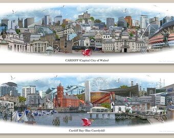 Cardiff CITY and/or Cardiff BAY (Caerdydd) - 'Worlds Apart' panoramic view. The City of Cardiff, in Glamorganshire, Wales. Skyline.