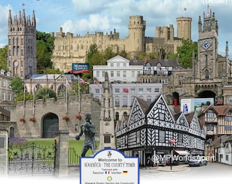 Warwick -  'Worlds Apart' panoramic view. Warwick Skyline, England Cityscape Art Print.