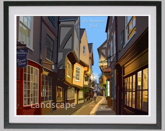 The Shambles, York. Modern travel print poster. Illustration by Mike Pratt