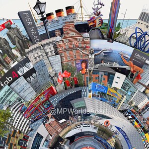 May include: A colourful collage of images depicting various landmarks and attractions in Liverpool, England. The collage includes the Liver Building, the Pier Head, the Beatles statue, the Royal Liver Building, the Cunard Building, the Museum of Liverpool, and the Queens Salute Liverpool cruise ship.