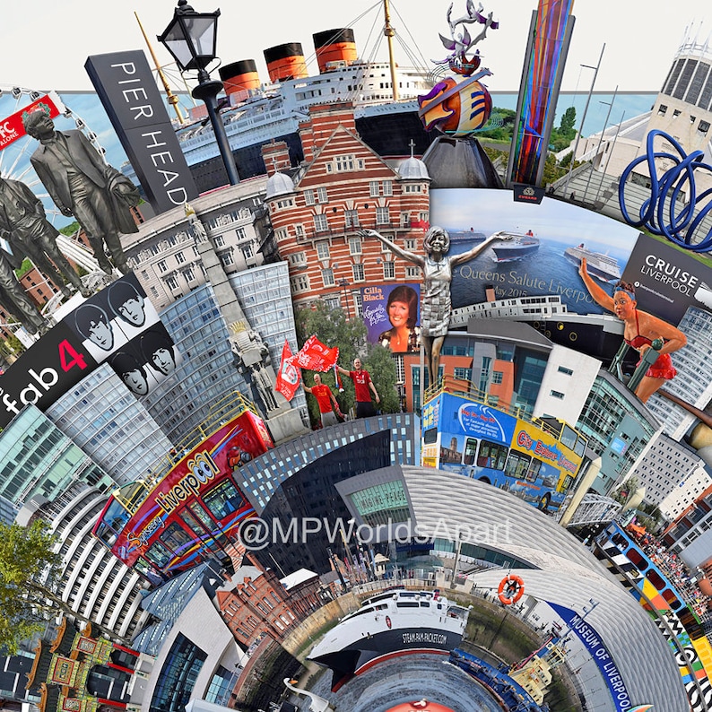 May include: A colourful collage of images depicting various landmarks and attractions in Liverpool, England. The collage includes the Liver Building, the Pier Head, the Beatles statue, the Royal Liver Building, the Cunard Building, the Museum of Liverpool, and the Queens Salute Liverpool cruise ship.