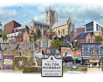 Melton Mowbray - 'Worlds Apart' panoramic view. Leicestershire pork pies, Skyline, England Cityscape Art Print.