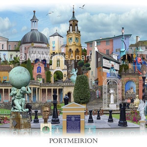 Portmeirion 'Worlds Apart' panoramic view. The Village Portmeirion in Gwynedd North Wales . Travel Poster, , Welsh Travel Poster Wall Art image 1