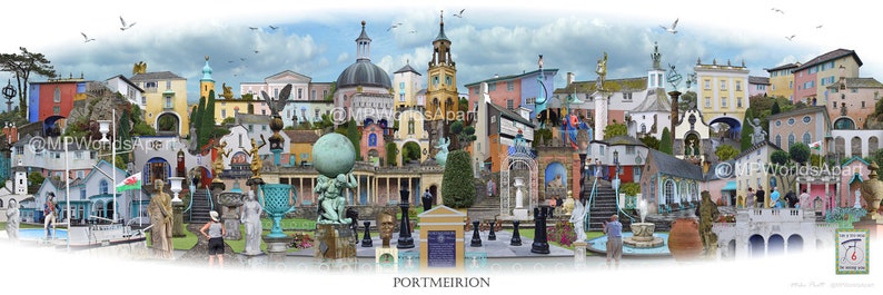 Portmeirion 'Worlds Apart' panoramic view. The Village Portmeirion in Gwynedd North Wales . Travel Poster, , Welsh Travel Poster Wall Art image 1