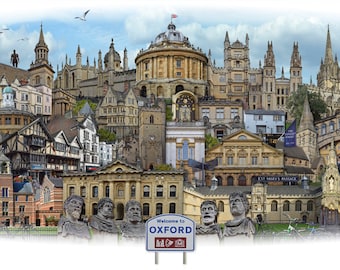 Oxford -  'Worlds Apart' panoramic view. Oxford Skyline, England Cityscape Art Print.