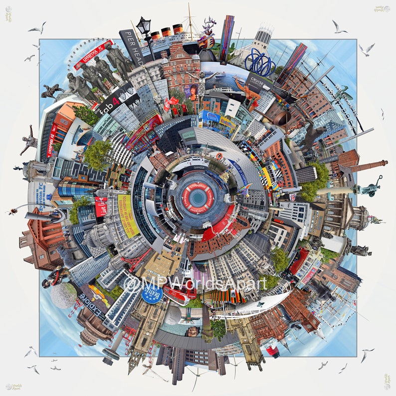 May include: A colourful, circular collage of iconic landmarks and buildings in Liverpool, England. The image is a 360-degree view of the city, with the River Mersey in the centre. Some of the landmarks included are the Liver Building, the Royal Albert Dock, and the Pier Head.
