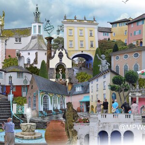 Portmeirion 'Worlds Apart' panoramic view. The Village Portmeirion in Gwynedd North Wales . Travel Poster, , Welsh Travel Poster Wall Art image 4