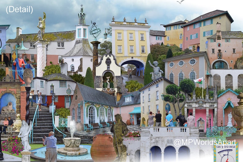 Portmeirion 'Worlds Apart' panoramic view. The Village Portmeirion in Gwynedd North Wales . Travel Poster, , Welsh Travel Poster Wall Art image 4