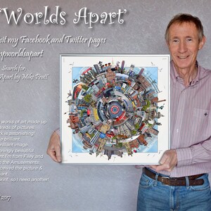 May include: A framed circular artwork titled "Worlds Apart" by Mike Pratt, featuring a collage of hundreds of pictures of buildings and landmarks. The artist is holding the artwork in front of a grey background.