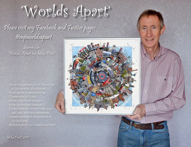 May include: A framed circular artwork titled "Worlds Apart" by Mike Pratt, featuring a collage of hundreds of pictures of buildings and landmarks. The artist is holding the artwork in front of a grey background.