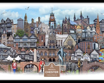 Chester -  'Worlds Apart' panoramic view. Chester Skyline, England Cityscape Art Print.