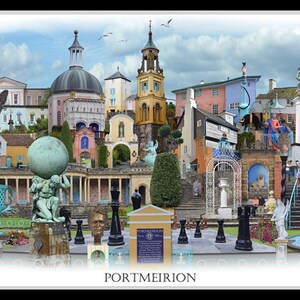 Portmeirion 'Worlds Apart' panoramic view. The Village Portmeirion in Gwynedd North Wales . Travel Poster, , Welsh Travel Poster Wall Art image 7