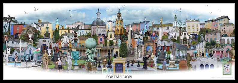 Portmeirion 'Worlds Apart' panoramic view. The Village Portmeirion in Gwynedd North Wales . Travel Poster, , Welsh Travel Poster Wall Art image 7