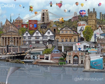 May include: A collage of images featuring a suspension bridge, hot air balloons, buildings, and a river. The text "(Detail)" is in the top left corner of the image. The text "TALK TO US 116 123" is on a sign in the center of the image. The text "@MPWorldsApart" is in the bottom right corner of the image.