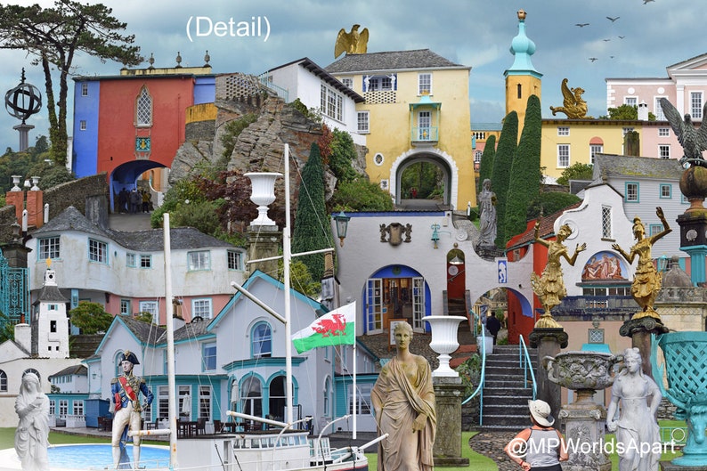 Portmeirion 'Worlds Apart' panoramic view. The Village Portmeirion in Gwynedd North Wales . Travel Poster, , Welsh Travel Poster Wall Art image 2