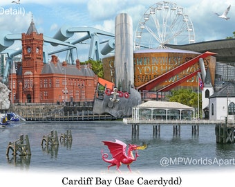 Cardiff Bay and/or City (Caerdydd) - 'Worlds Apart' panoramic view. Cardiff, in Glamorganshire, Wales. Skyline, England Cityscape Art Print.