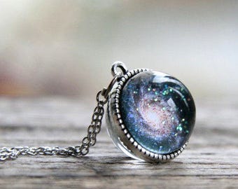 Pinwheel Galaxy Pendant, Two sided galaxy pendant, Galaxy ball, ball pendant, black sparkling galaxy pendant, galaxy sphere on a chain