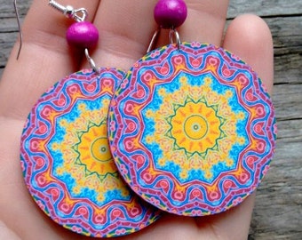 Ethnic Mandala, Mayan mandala, Decoupage Earrings, Ethnic earrings, Mayan earrings, Indian earrings, Pink yellow mandala, rose earrings